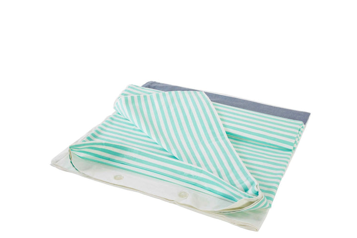 DT-001C-9092_4|Folded white and mint green striped cotton duvet cover set with a grey sheet. Elegant, fresh bedding for modern bedrooms.