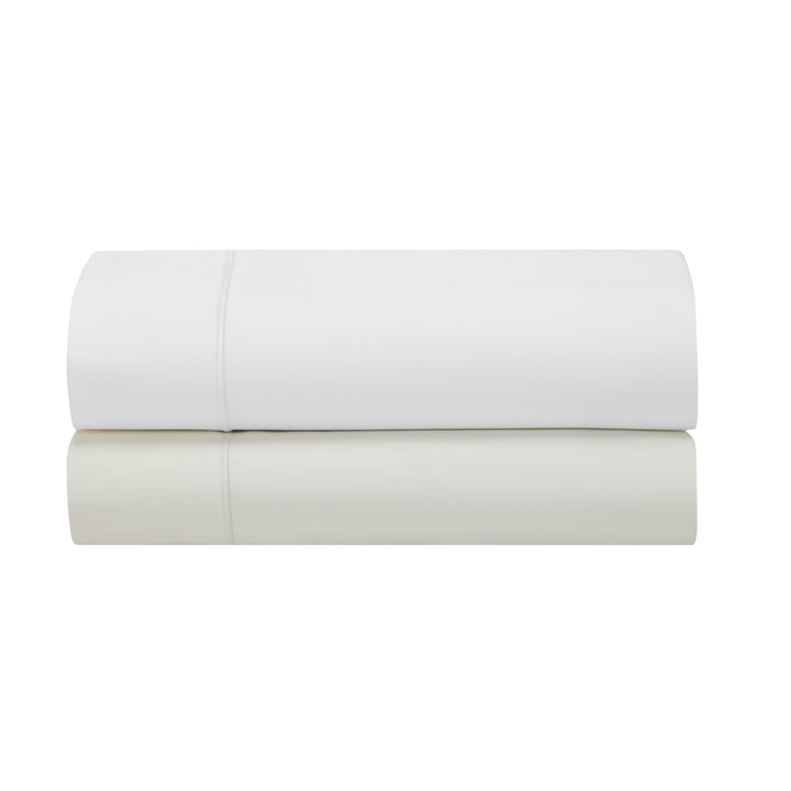 TFL-546-3980_7|Stack of two folded 100% cotton sateen sheets in white and light beige. Premium, soft, breathable, hotel quality.