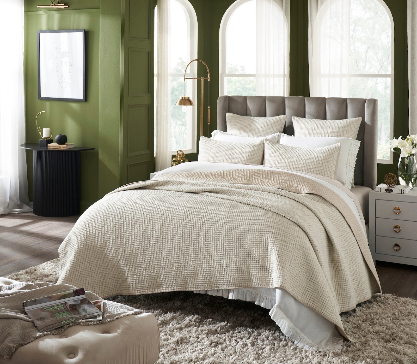 CL-259-9496_2|Cream textured geometric pattern coverlet neatly draped on a bed, enhancing the cozy and stylish bedroom decor.