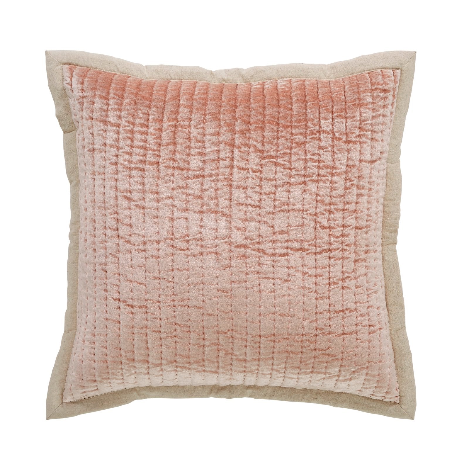 ES-323-X_1|Charming pink velvet quilted decorative pillow with a natural linen border, adding a touch of elegance and warmth.