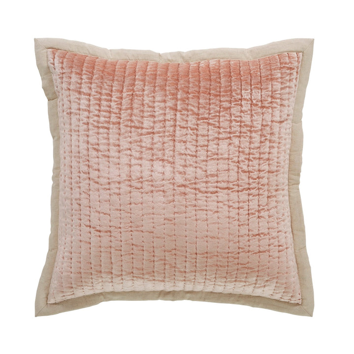 ES-323-X_1|Charming pink velvet quilted decorative pillow with a natural linen border, adding a touch of elegance and warmth.