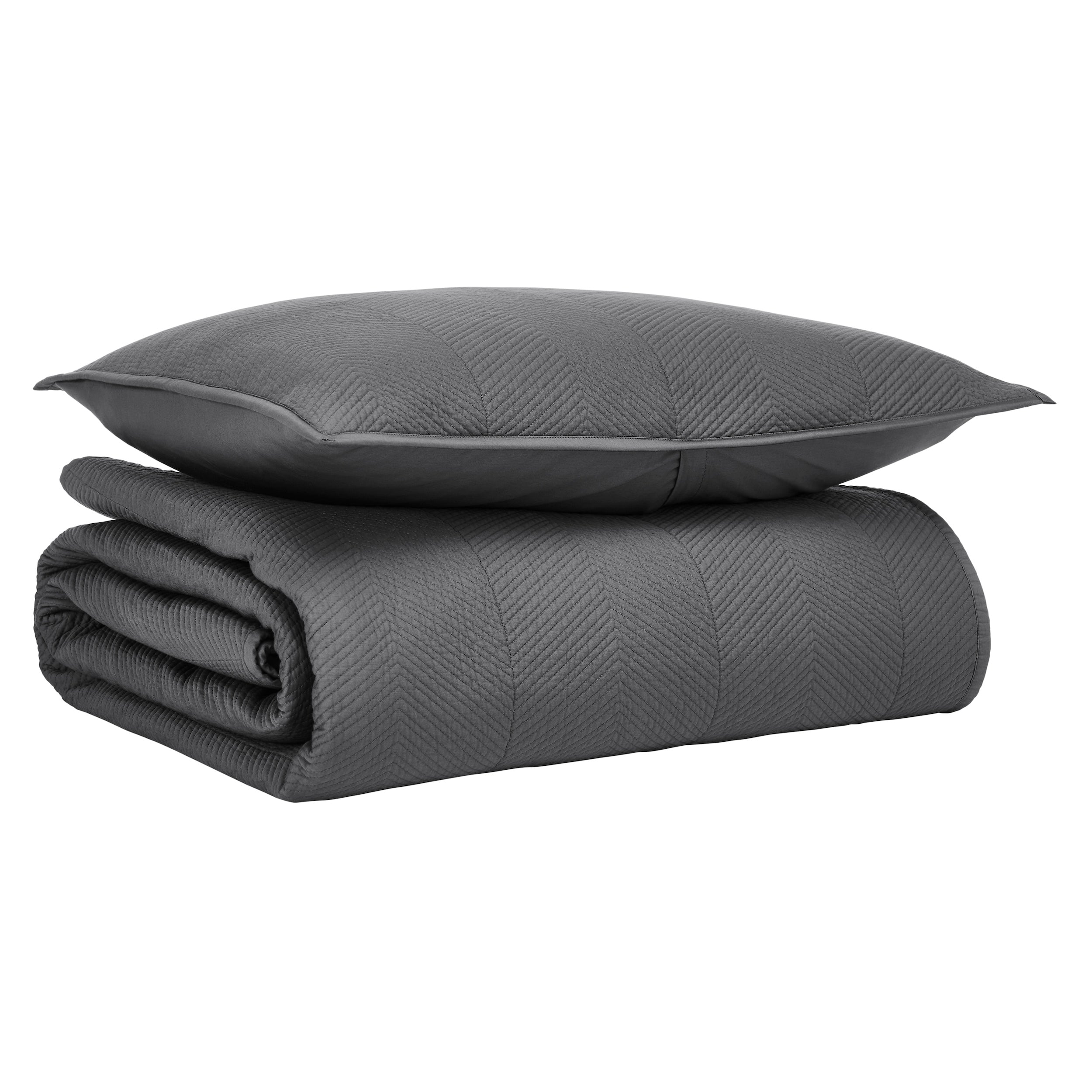 CL-263-11096_5|Folded charcoal grey quilted coverlet featuring a crisp herringbone pattern, paired with a matching pillow for elegant bedding.