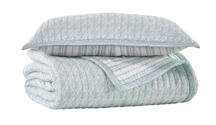SS-347-2026_2|Stacked serene teal geometric floral pattern quilt and matching pillow sham, creating a harmonious and refreshing bedroom aesthetic.
