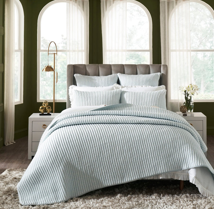 QT-369-11096_1|Light blue ribbed quilt and matching shams create a cozy, modern bedroom retreat with textural elegance. Soft comfort.