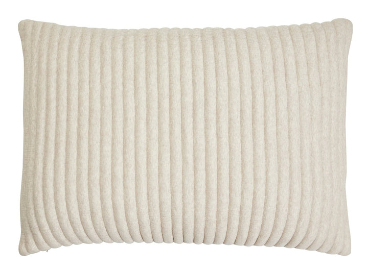 SS-368-2026_1|Modern rectangular beige decorative pillow with elegant vertical ribbed texture, perfect for adding cozy charm and style to any bedding.