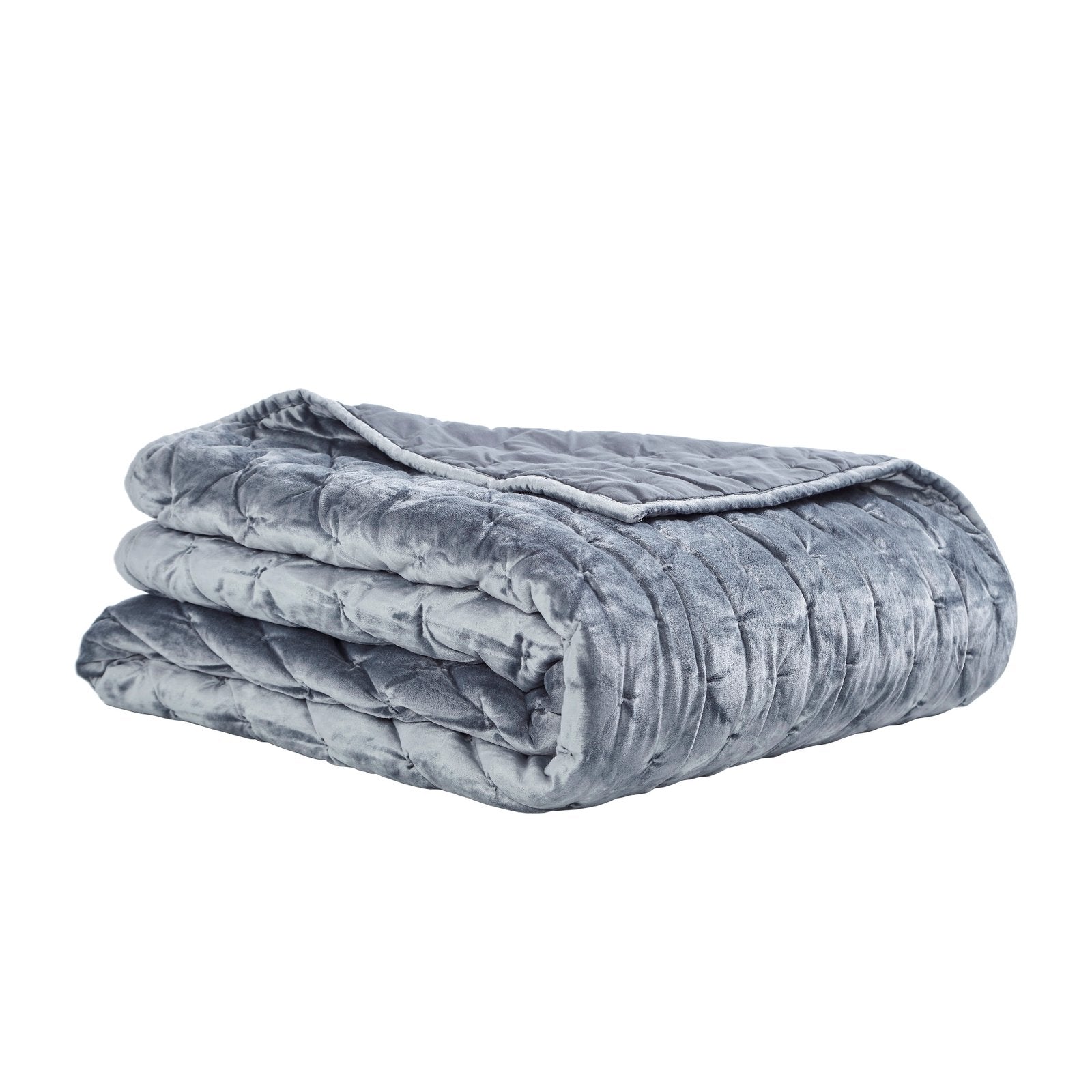 QT-336-9496_4|Folded plush blue velvet quilt showcasing a modern pinched quilting design. Enjoy luxurious texture and cozy warmth.
