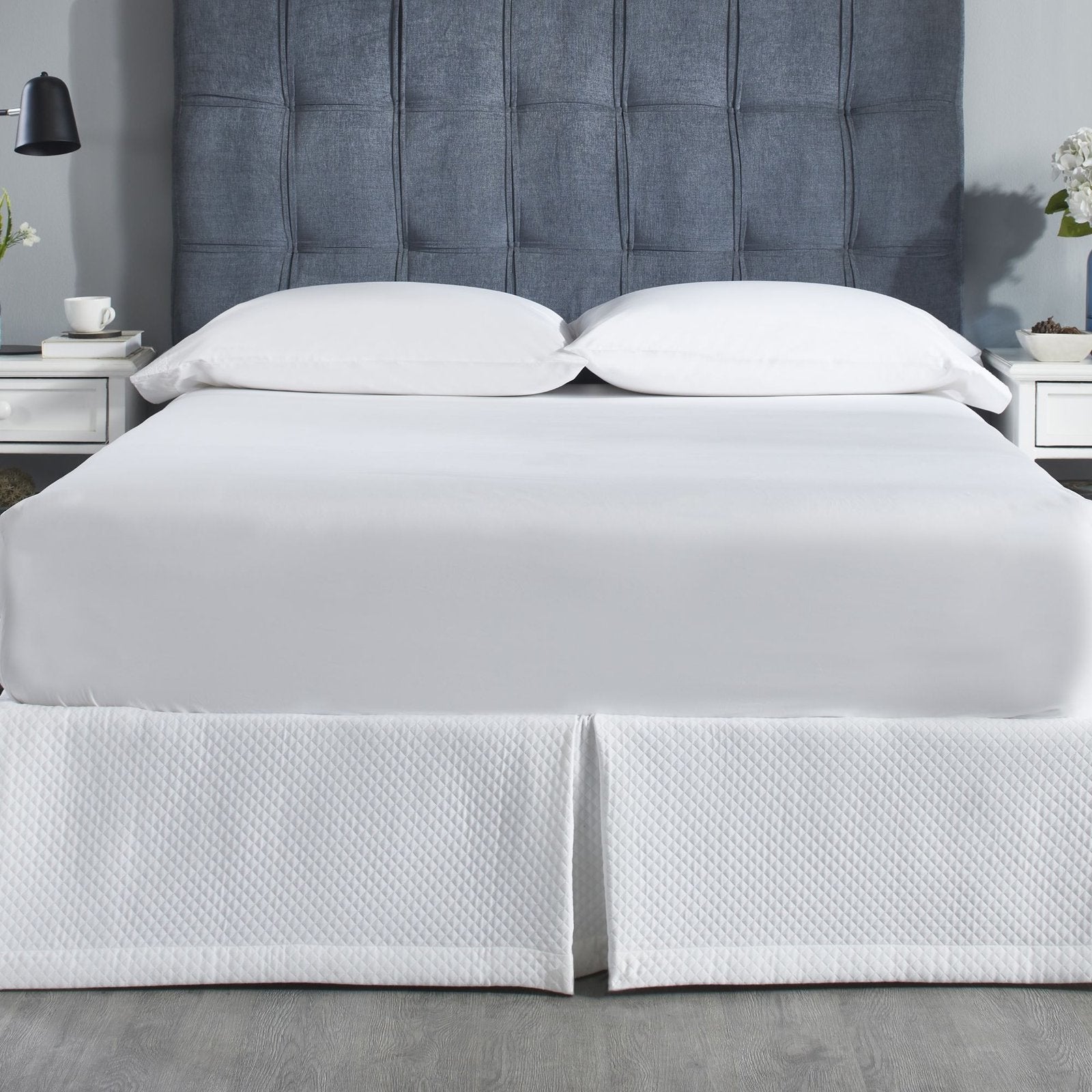 BS-117-7880_1|Stylish white quilted bed skirt featuring a classic diamond pattern, adding elegant texture and a chic look to your bed.