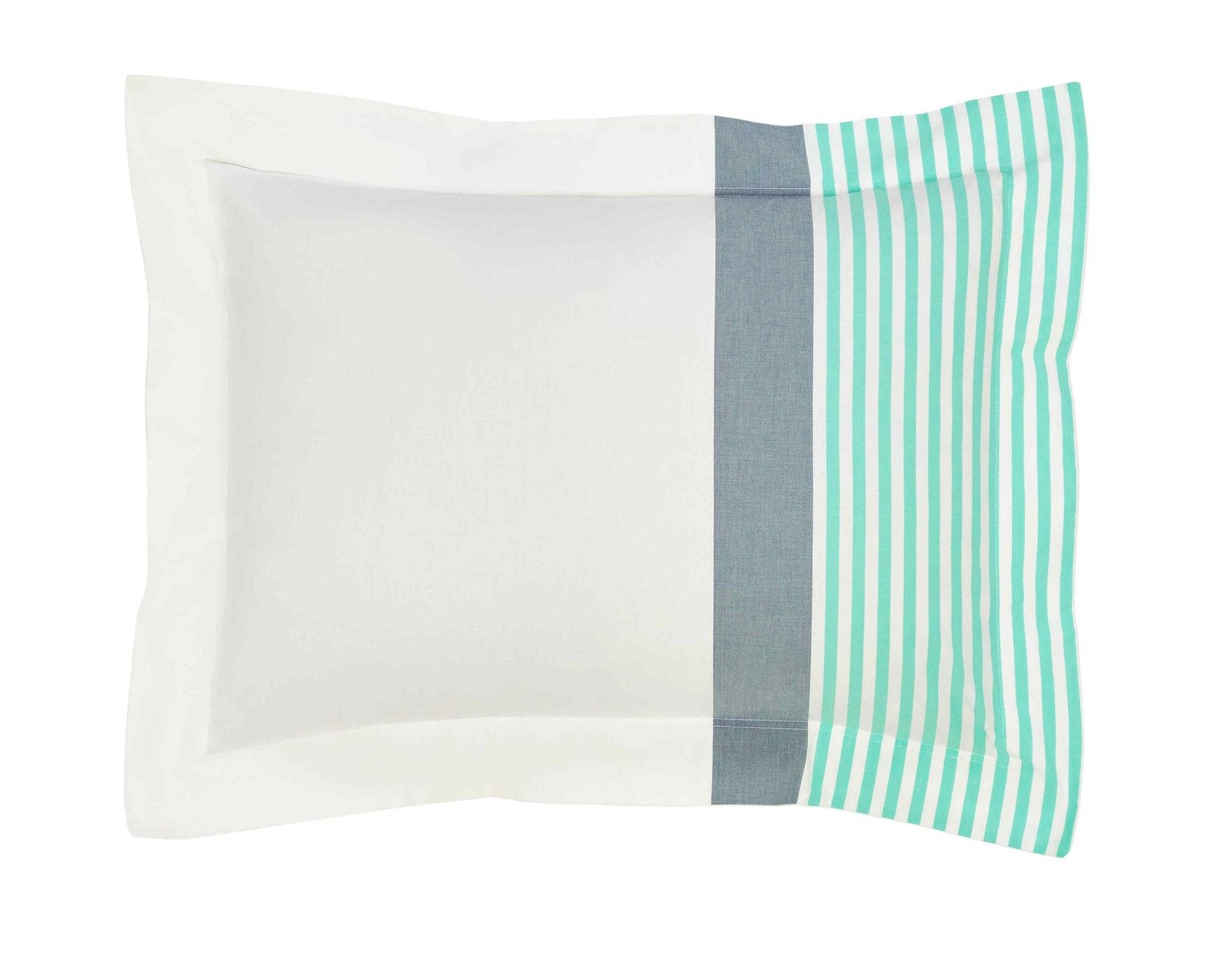 KS-001C-2036_1|Modern white pillow sham with a chic grey vertical stripe and playful teal and white striped accent, adding a fresh look to bedding.