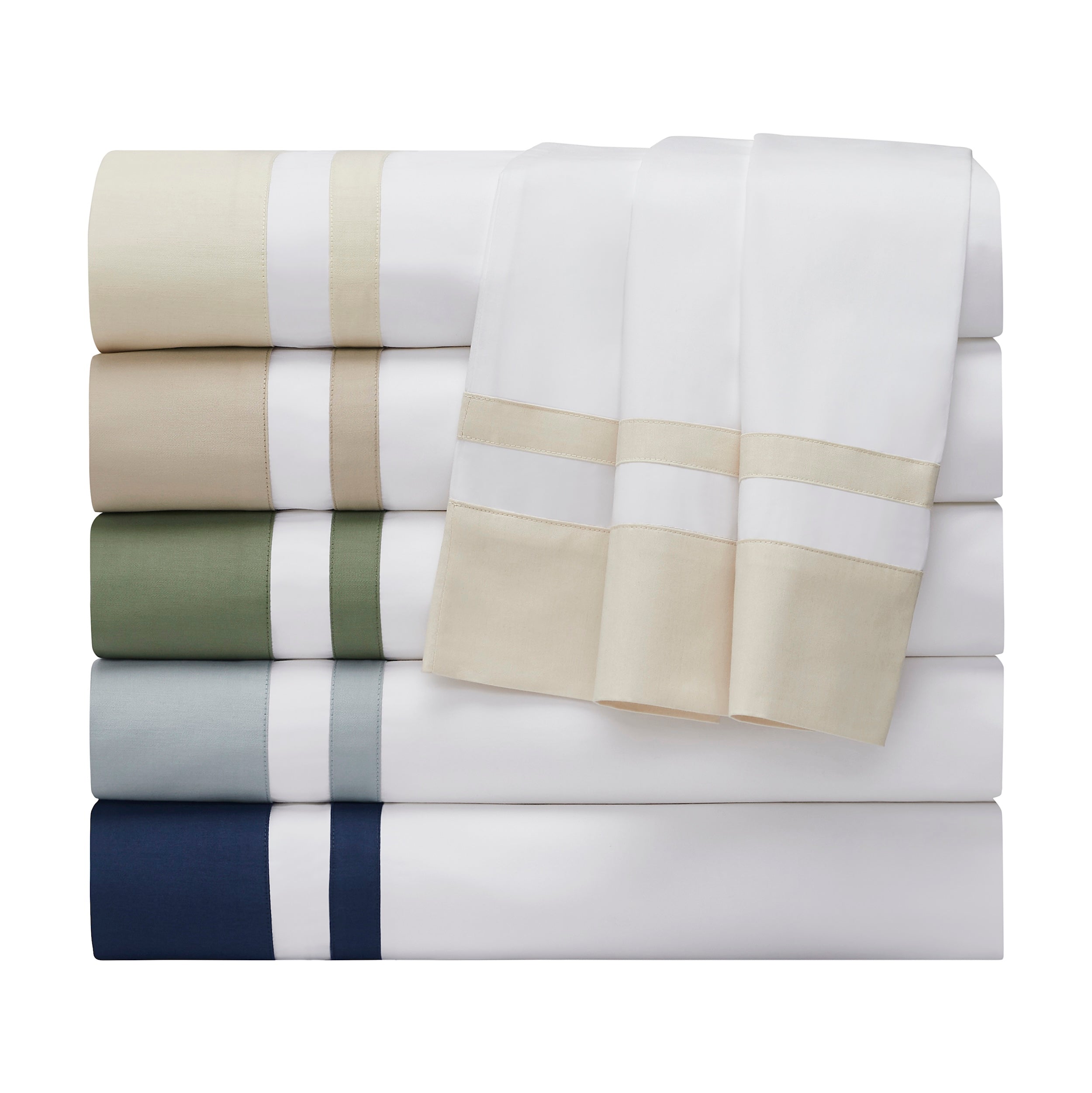 AKP-540-2040_4|Stack of five folded 100% cotton sateen sheet sets, each with a distinct contrasting border visible on the hems.
