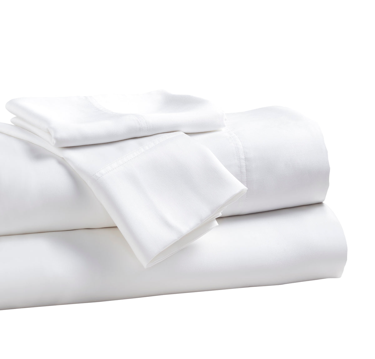 KSS-509-7880_4|White 100% Lyocell flat and fitted sheets, folded, with a smooth sateen weave texture and visible hemstitching.