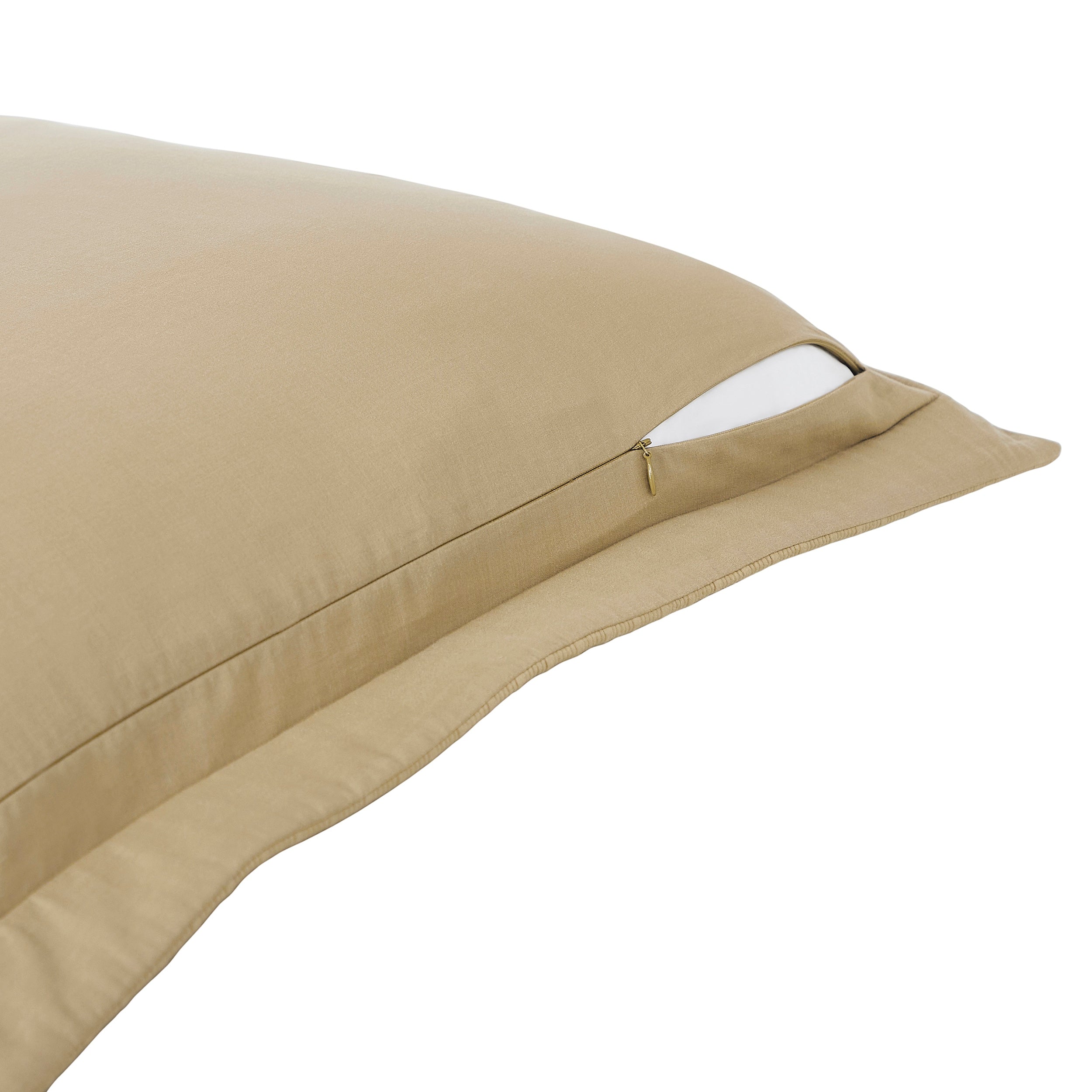 ES-269-2626_2|Tan woven coverlet pillow sham with concealed zipper detail, showcasing practical and elegant design.