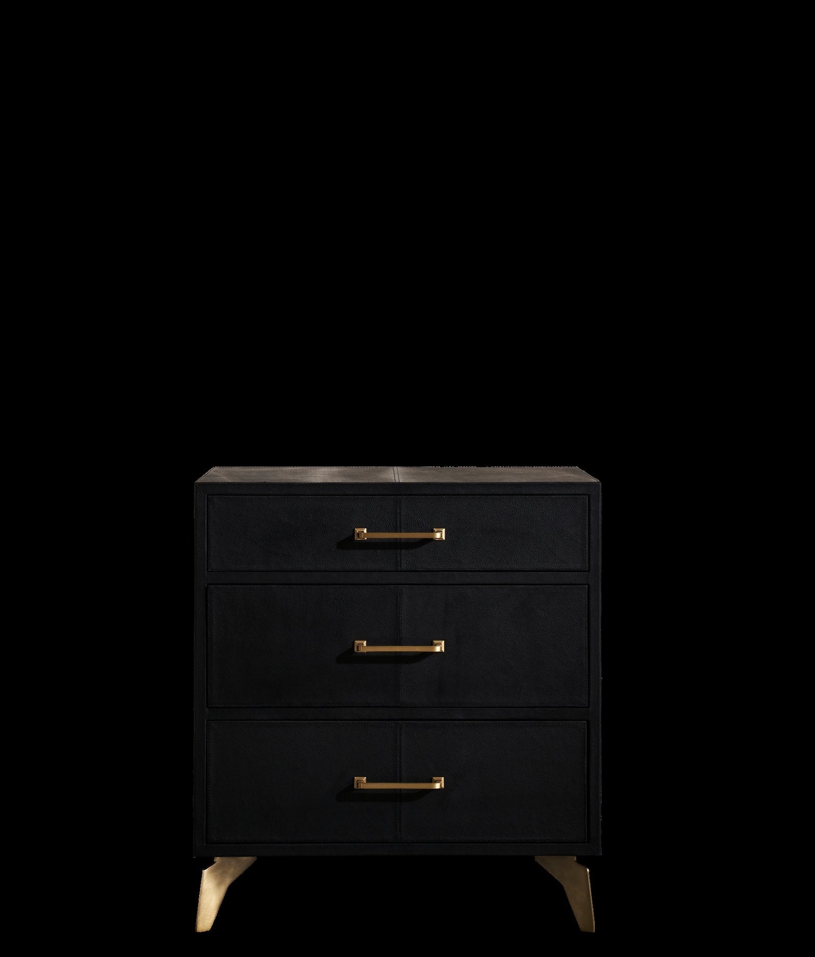 FN-5200-262028_7|Chic black leather-wrapped 3-drawer nightstand with sleek gold handles and tapered legs for stylish bedroom storage.