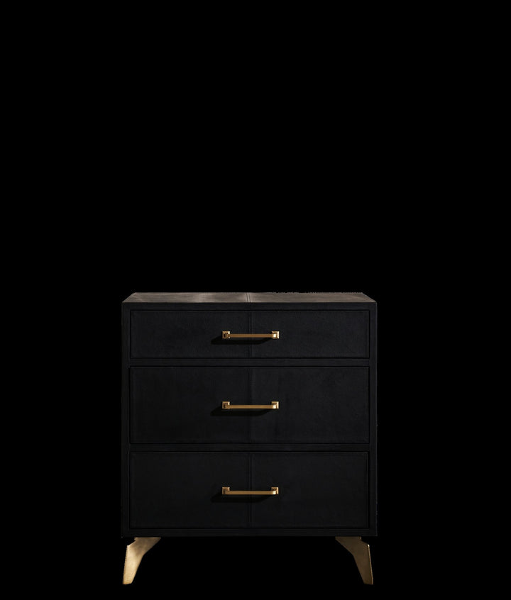 FN-5200-262028_7|Chic black leather-wrapped 3-drawer nightstand with sleek gold handles and tapered legs for stylish bedroom storage.