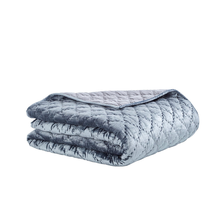 QT-341-11096_3|Folded soft blue velvet quilted quilt with a diamond pattern, perfect for adding warmth and texture to any bed.
