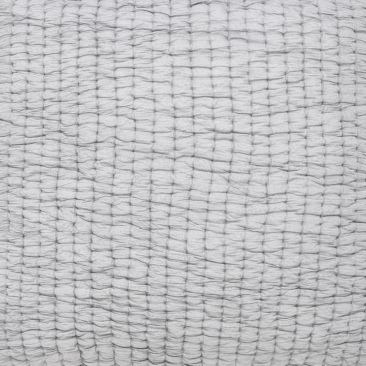 QT-344-9496_2|Modern light grey textured quilt with a unique smocked square pattern and gathered fabric, offering contemporary comfort and style.