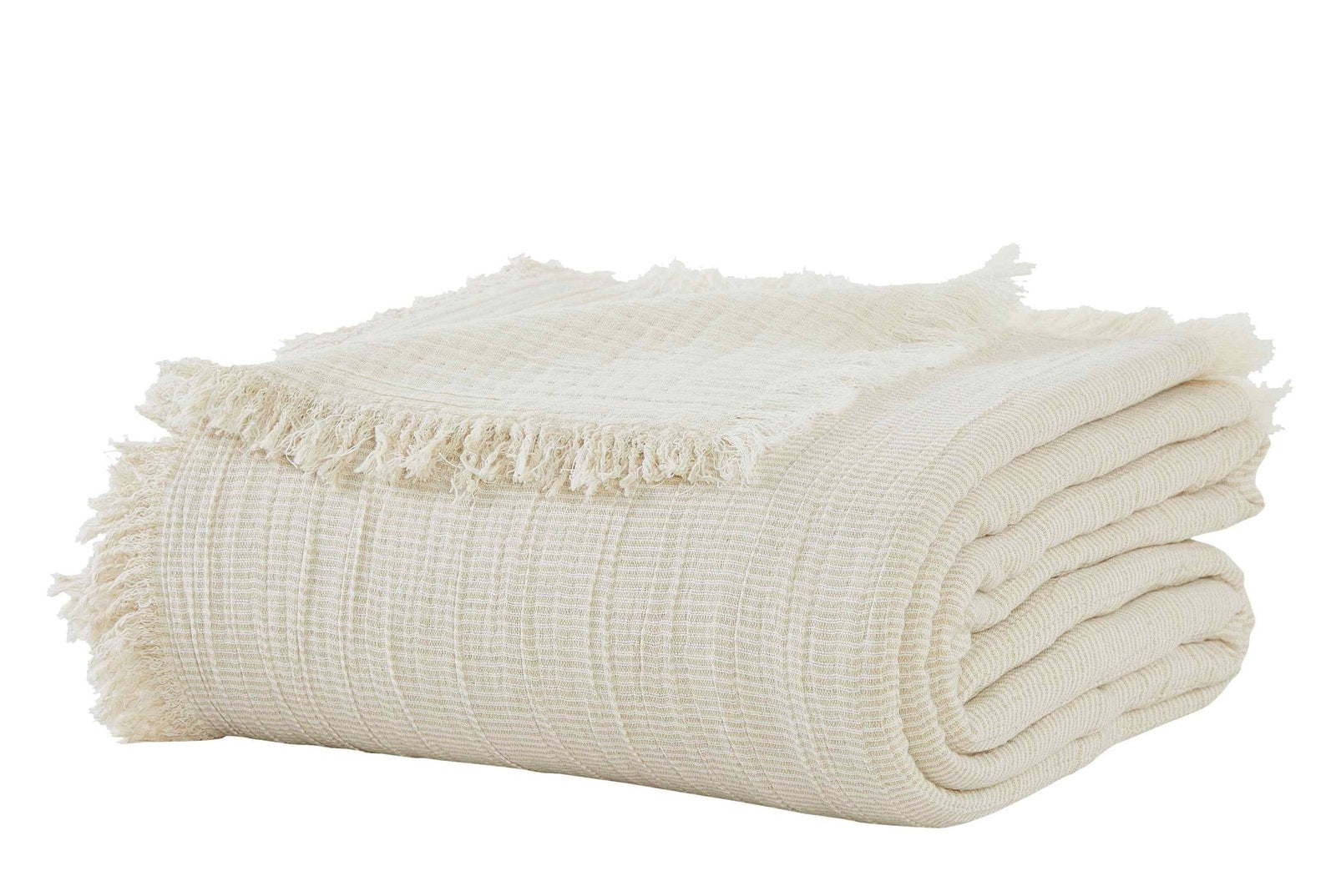BT-115-9496_2|Beautifully folded cream woven throw blanket, featuring a delicate textured pattern and charming fringed edges.