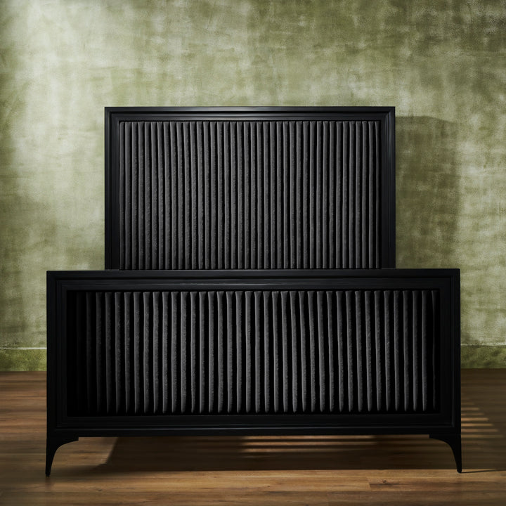 FN-5210-6080_5|Black channel tufted leather bed with black wooden frame, elegant bedroom furniture for modern luxury spaces.