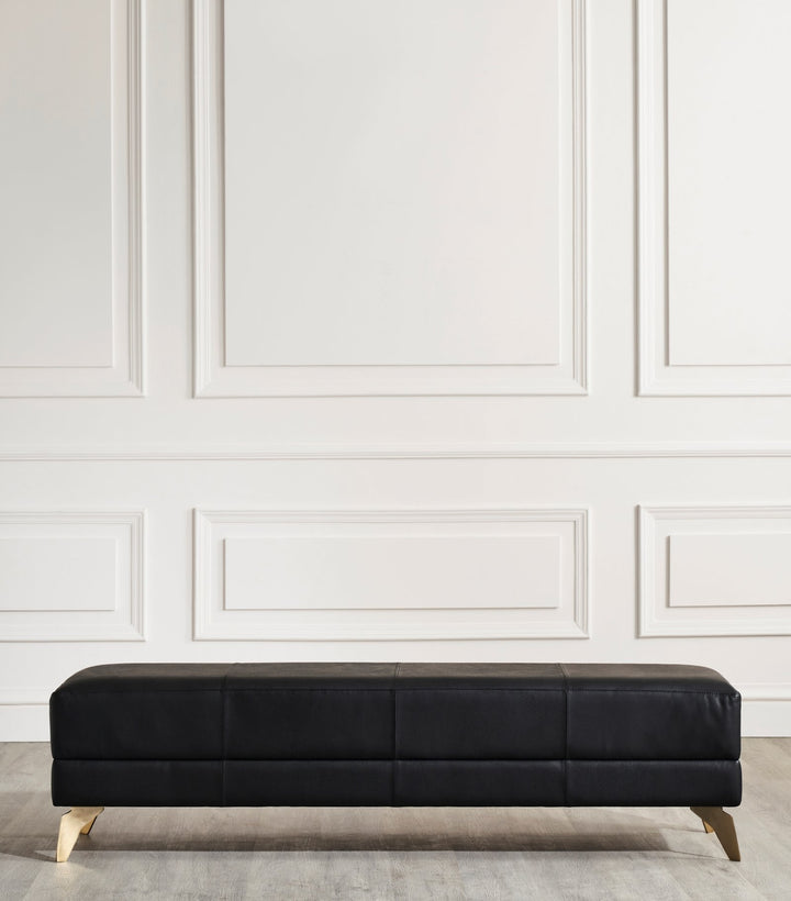 FN-5200-601618_2|Modern black leather upholstered bench with sleek lines and golden tapered legs, enhancing any contemporary living space.