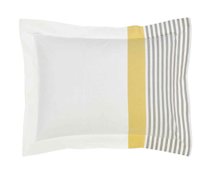 SS-001A-X_1|Crisp white pillow sham featuring a modern yellow band and grey vertical stripes, ideal for vibrant bedroom decor.