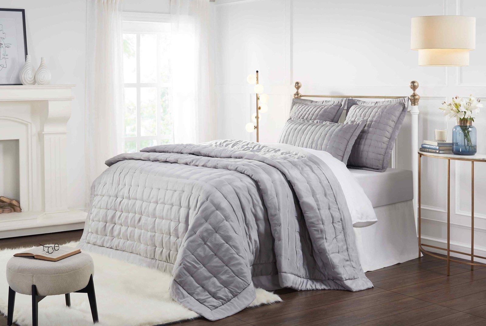 QT-333-9496_4|Elegant light grey channel-quilted bedspread on a luxurious bed. Perfect for a chic, modern bedroom design. Inviting comfort.