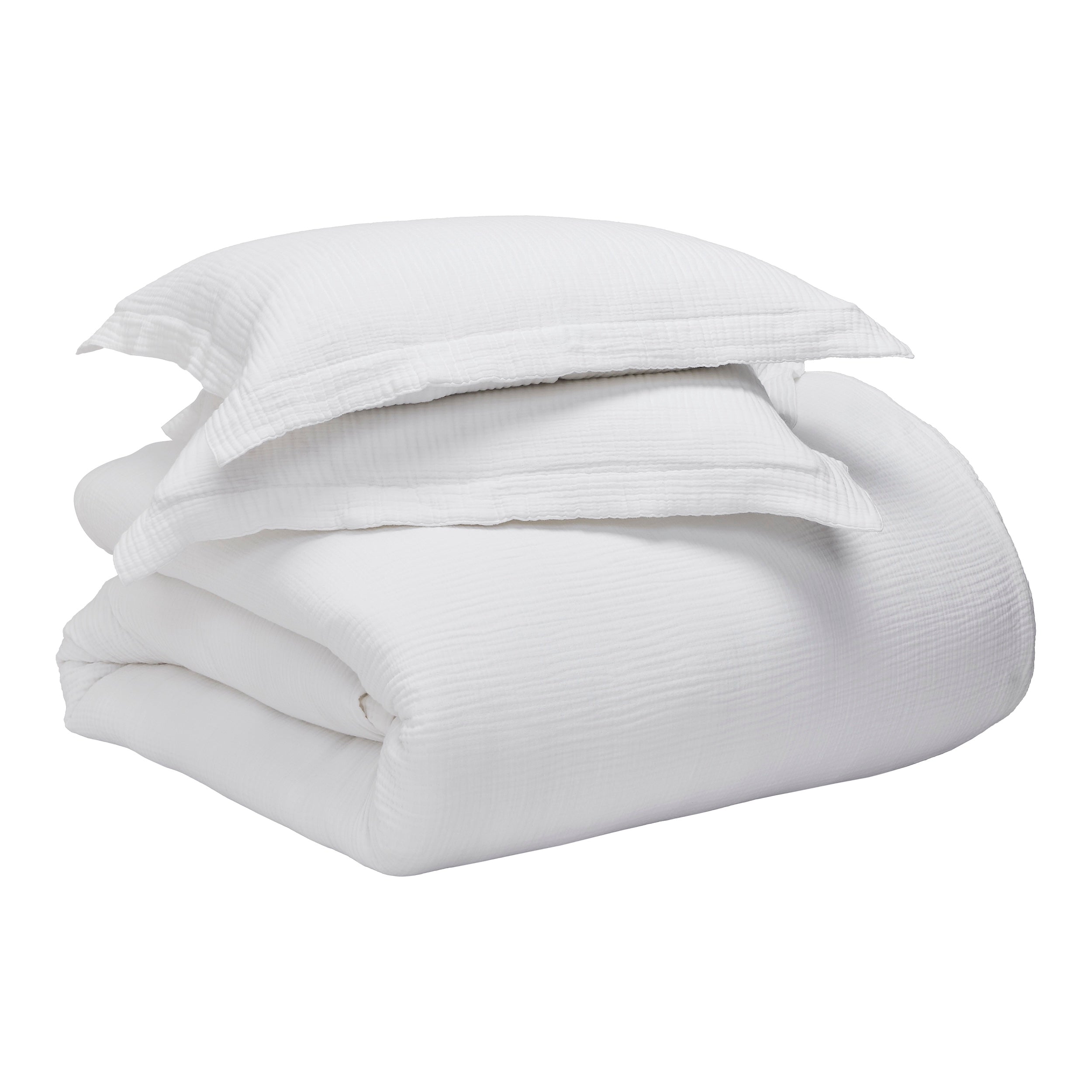 DT-048-9092_9|Crisp white crinkled muslin cotton duvet cover set, neatly folded with two matching shams, isolated product shot.