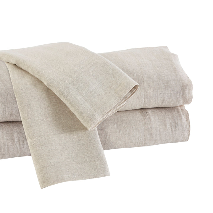 KSS-515-7880_5|Neatly folded natural beige 100% pure linen sheet set, highlighting the crispness and quality of natural, breathable bedding.