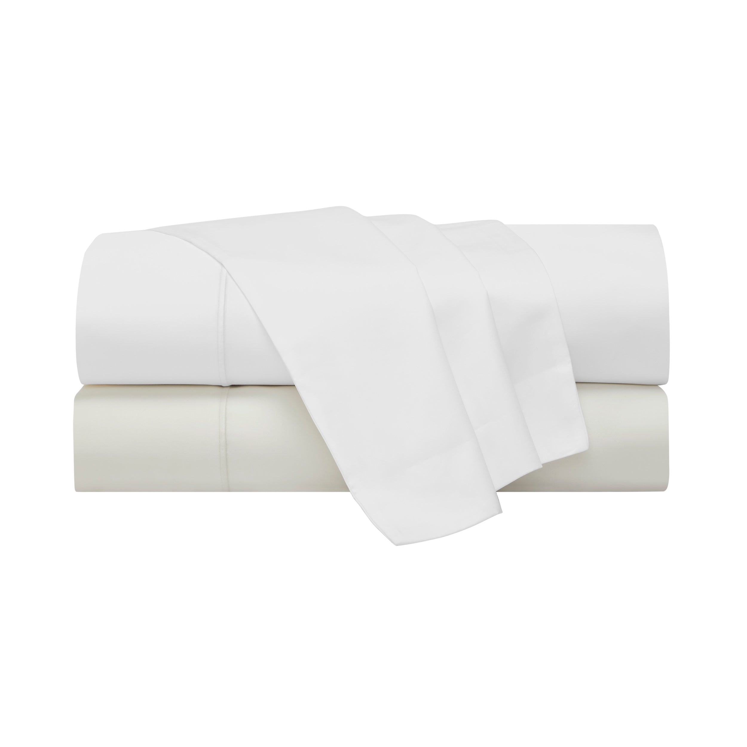 QFL-546-6080_6|Stacked classic white and off-white 100% cotton sheets. Versatile, soft, and breathable bedding for any bedroom.