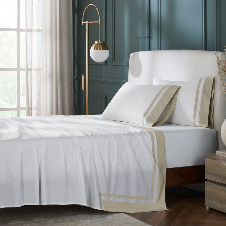 QFL-543-6080_1|Stylish 100% cotton sheets set in white with beige striped trim dressing a comfortable luxury bed in a modern bedroom.