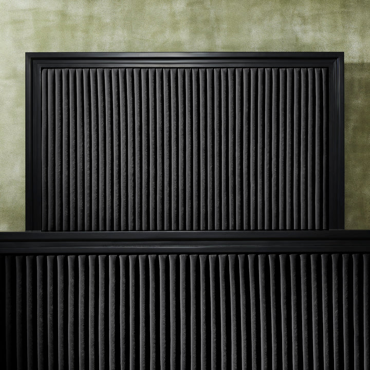 FN-5210-7680_6|Close-up of black channel tufted leather bed with black wooden frame, showcasing luxurious bedroom furniture design.