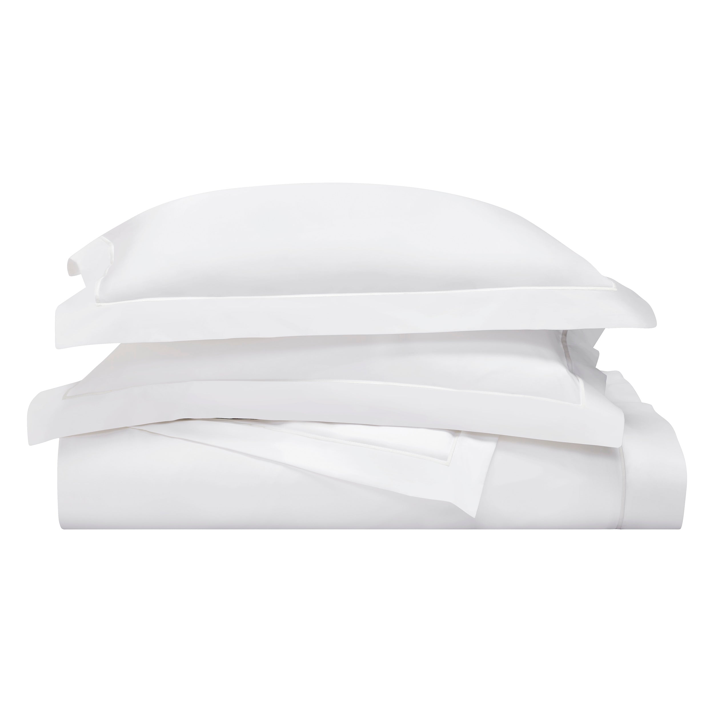 DT-065-10692_5|Stacked white luxury duvet cover and pillow shams, neatly folded, showcasing premium crisp cotton bedding essentials.