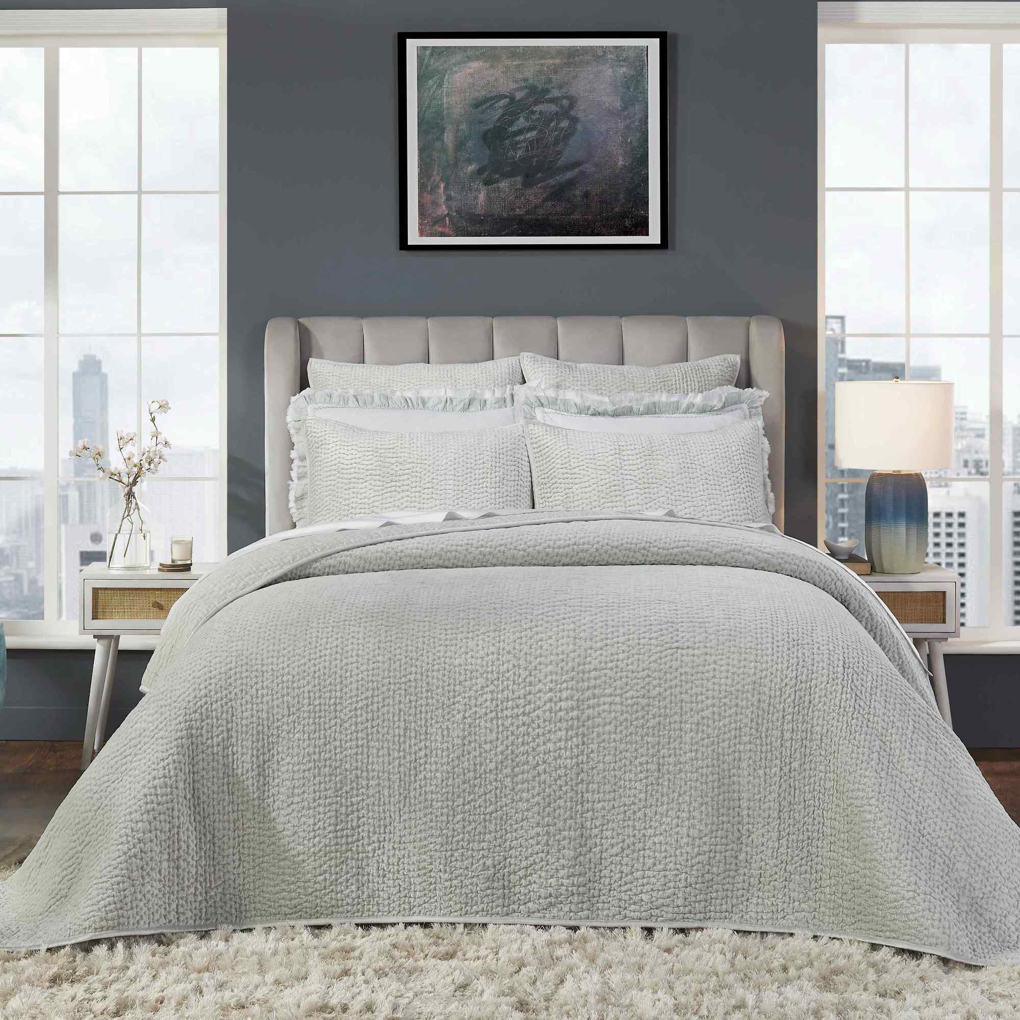 CL-183-11898_1|Light gray textured coverlet on a queen bed, elegant quilted bedding for a serene and luxurious sleep space. (119 chars)
