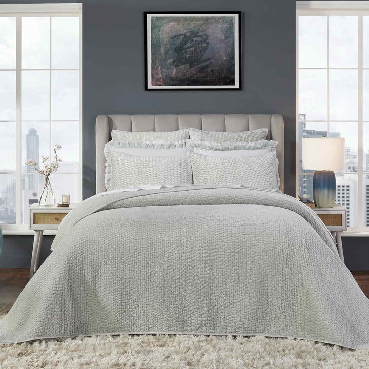 CL-183-11898_1|Light gray textured coverlet on a queen bed, elegant quilted bedding for a serene and luxurious sleep space. (119 chars)