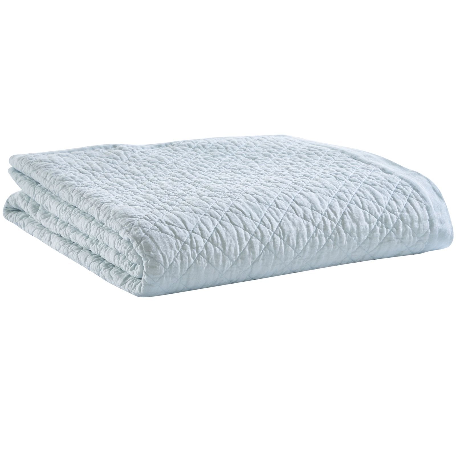CL-255-9496_6|Soft light blue quilted coverlet, neatly folded. Perfect serene bedding with a modern diamond pattern for comfort.