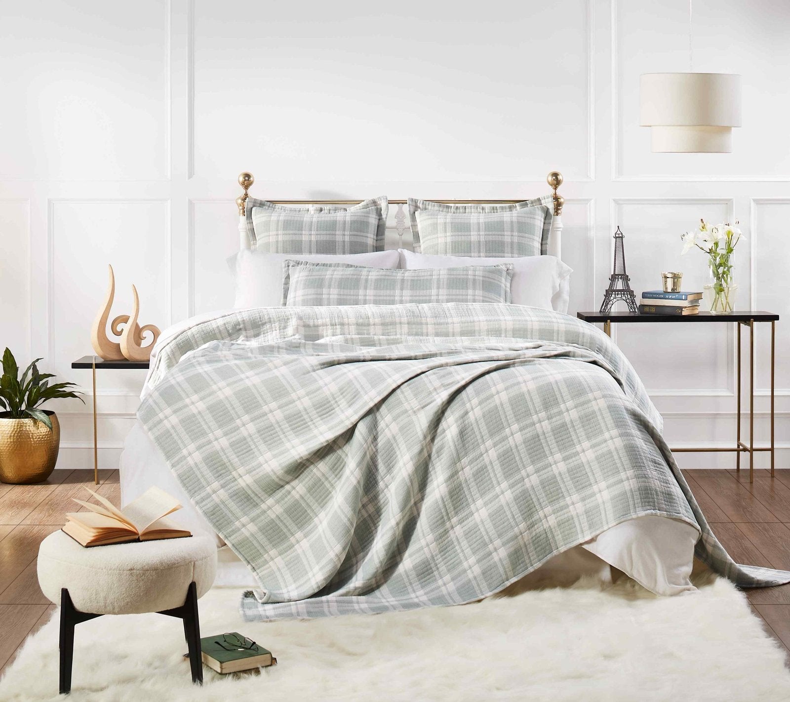 BT-119-11096_4|Elegant bedroom featuring a cozy sage green and white plaid quilted blanket, matching pillows, and chic modern decor.