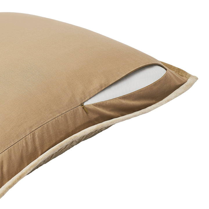 ES-377-2626_2|Close-up of a tan quilted velvet pillow with secure zipper closure, highlighting the luxurious fabric and durable design.