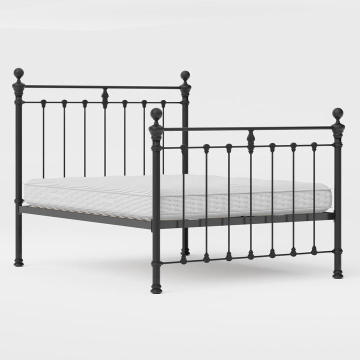 MB-204-6080_3|Durable black metal bed frame with elegant finials and sturdy rails, including a comfortable, striped mattress ready for use.