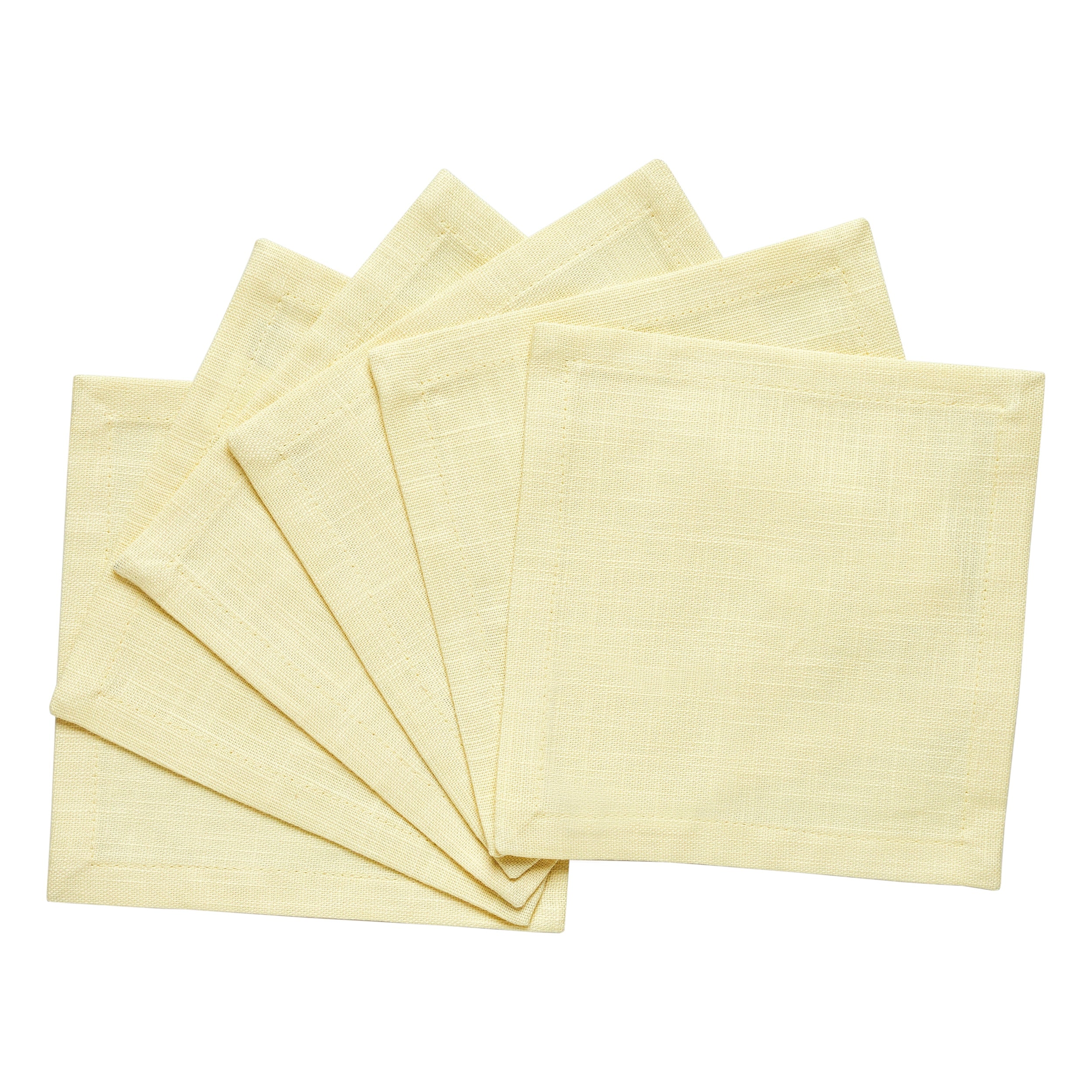 CNP-4907-66_2|Collection of light yellow reusable linen fabric dinner napkins, neatly fanned on a crisp white background for versatile styling.