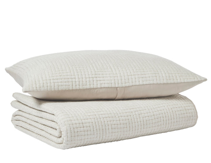 CL-259-9496_6|Folded off-white textured geometric pattern coverlet and matching pillow for a cozy, stylish bedding set.