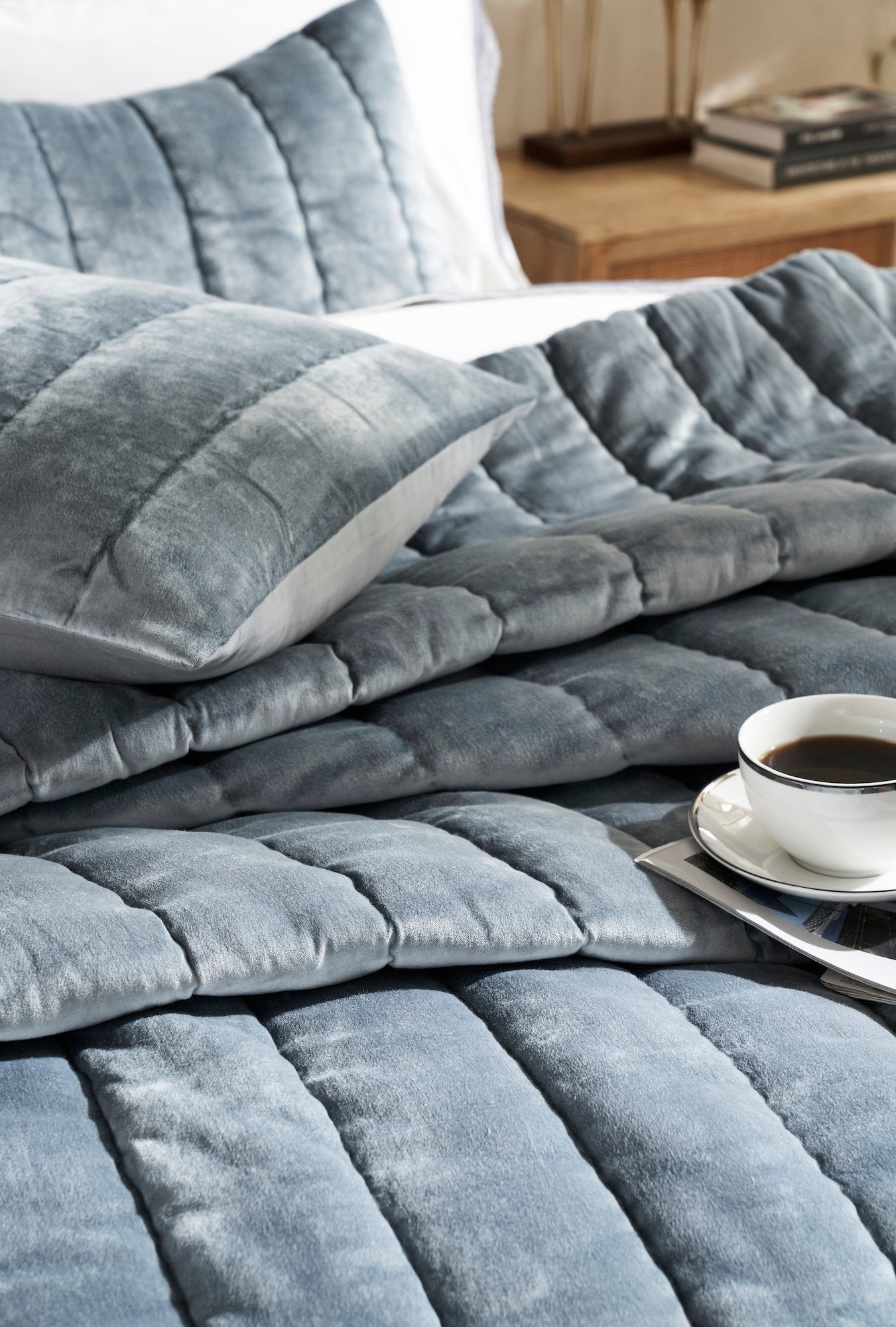 QT-360-11096_4|Luxurious blue velvet quilt with elegant channel stitching for a plush bedroom look. Soft, comfortable, and stylish bedding ensemble.