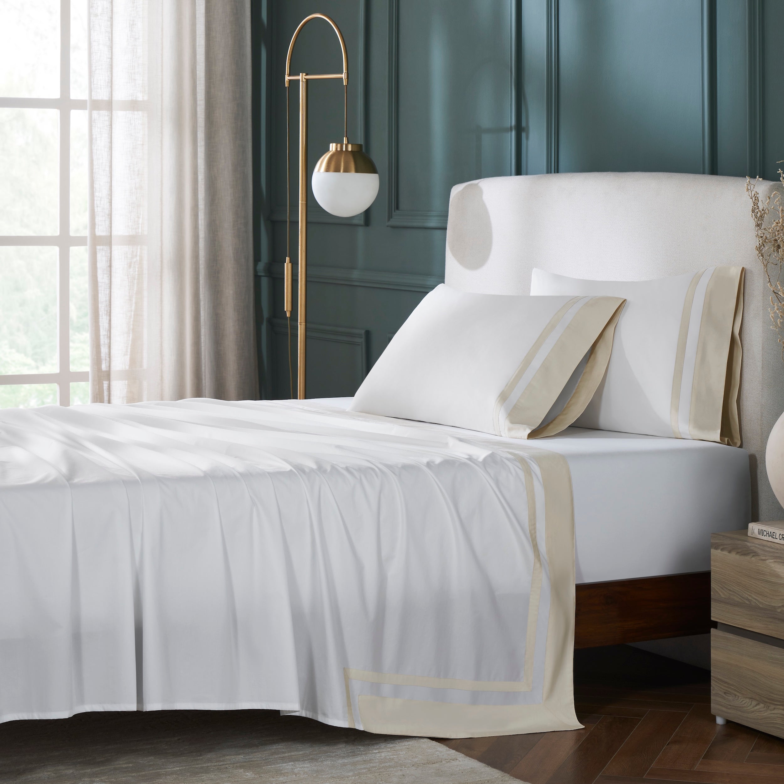 CFT-544-X_2|White 100% cotton flat sheet and two pillow shams with beige double stripe borders. Smooth sateen weave texture.