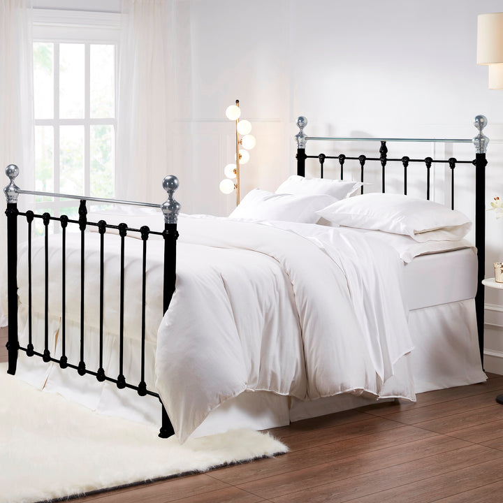 MB-211-6080_1|Stylish black metal bed frame with polished silver accents and luxurious white bedding for a contemporary bedroom.
