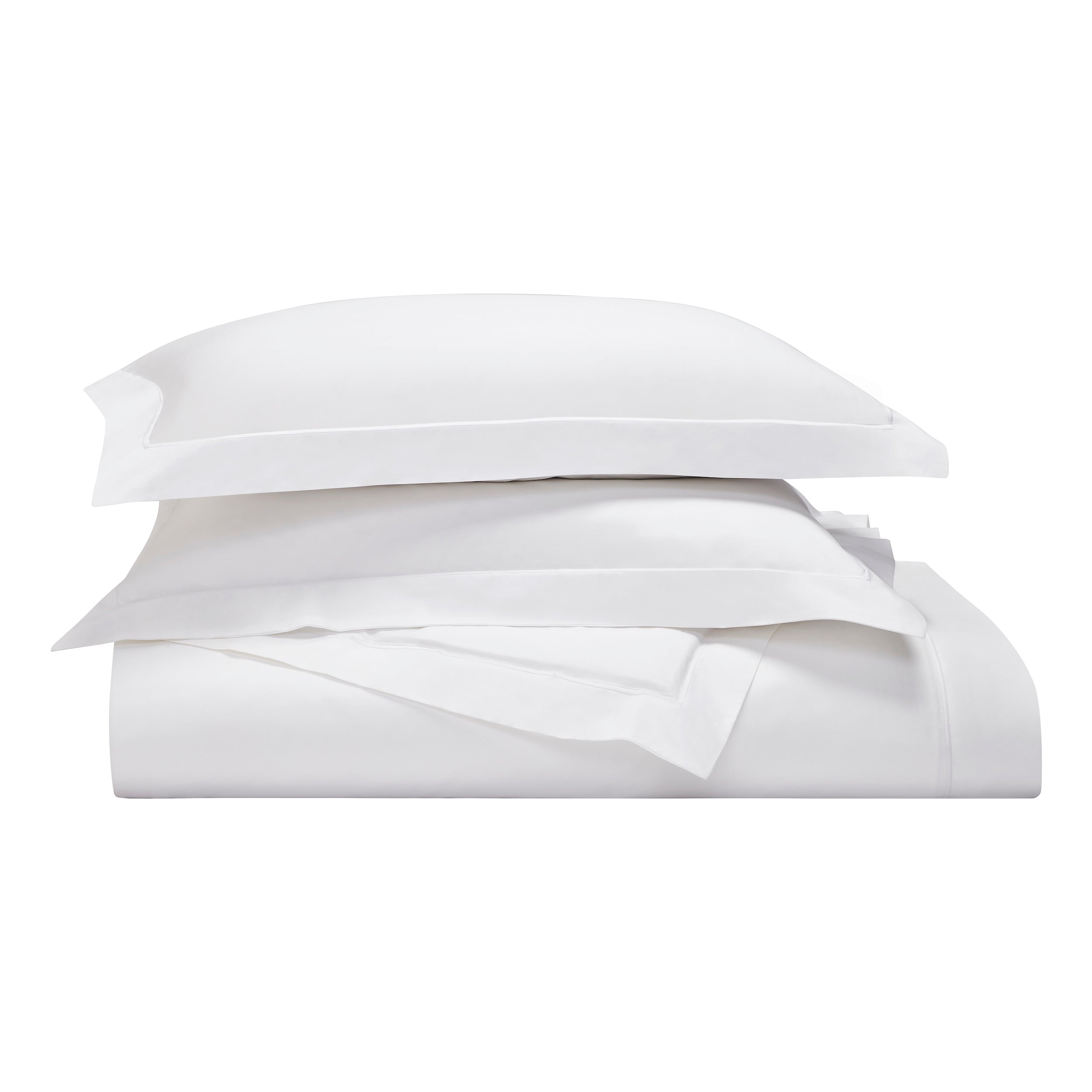 DT-058-10692_4|Neatly folded stack of white luxury duvet cover and pillow shams, highlighting crisp cotton fabric and elegant design. Perfect bedding.