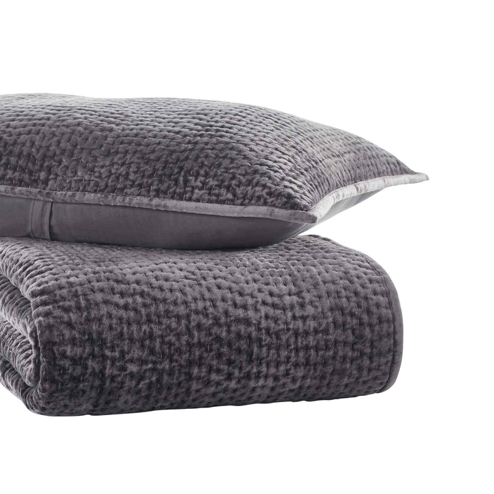 CL-184-9496_5|Luxurious dark grey velvet quilted coverlet and matching decorative pillow, perfect for elegant bedroom styling and comfort.