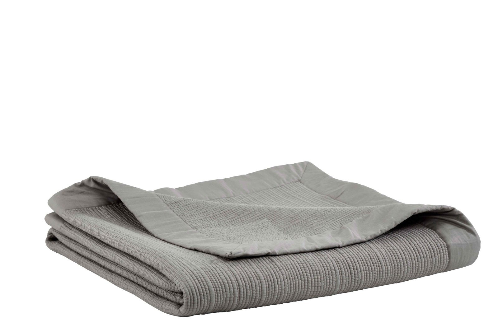 CL-162-9496_3|Folded gray waffle weave coverlet with a smooth satin border, perfect for rustic bedroom decor. Soft, textured bedding.
