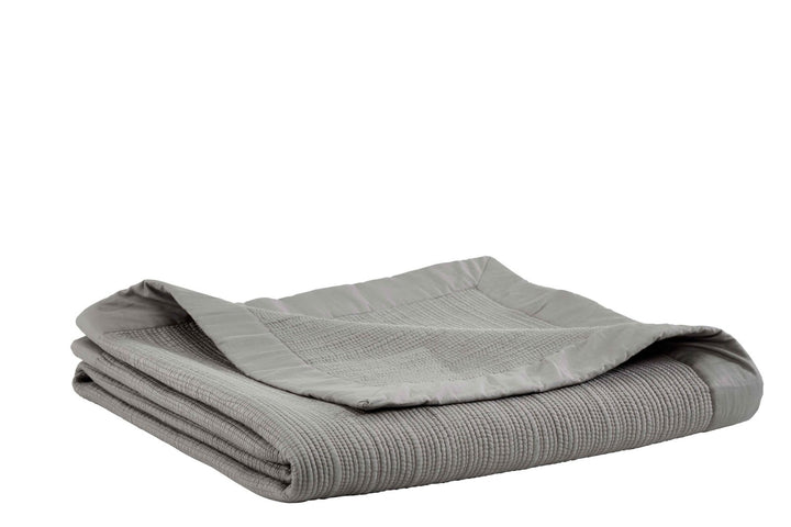 CL-162-9496_3|Folded gray waffle weave coverlet with a smooth satin border, perfect for rustic bedroom decor. Soft, textured bedding.