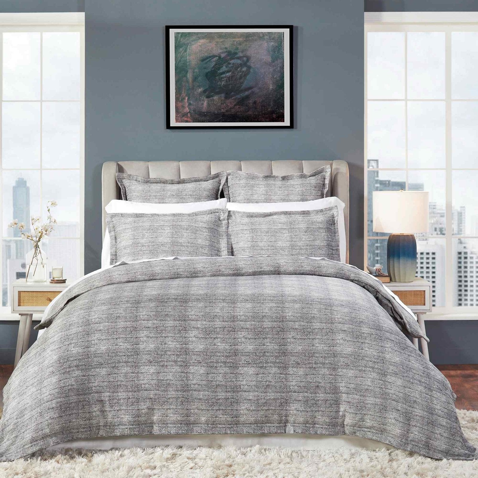 DT-034-10692_1|Modern gray textured duvet cover set for master bedroom, king size, with matching pillow shams. Adds comfort and style.