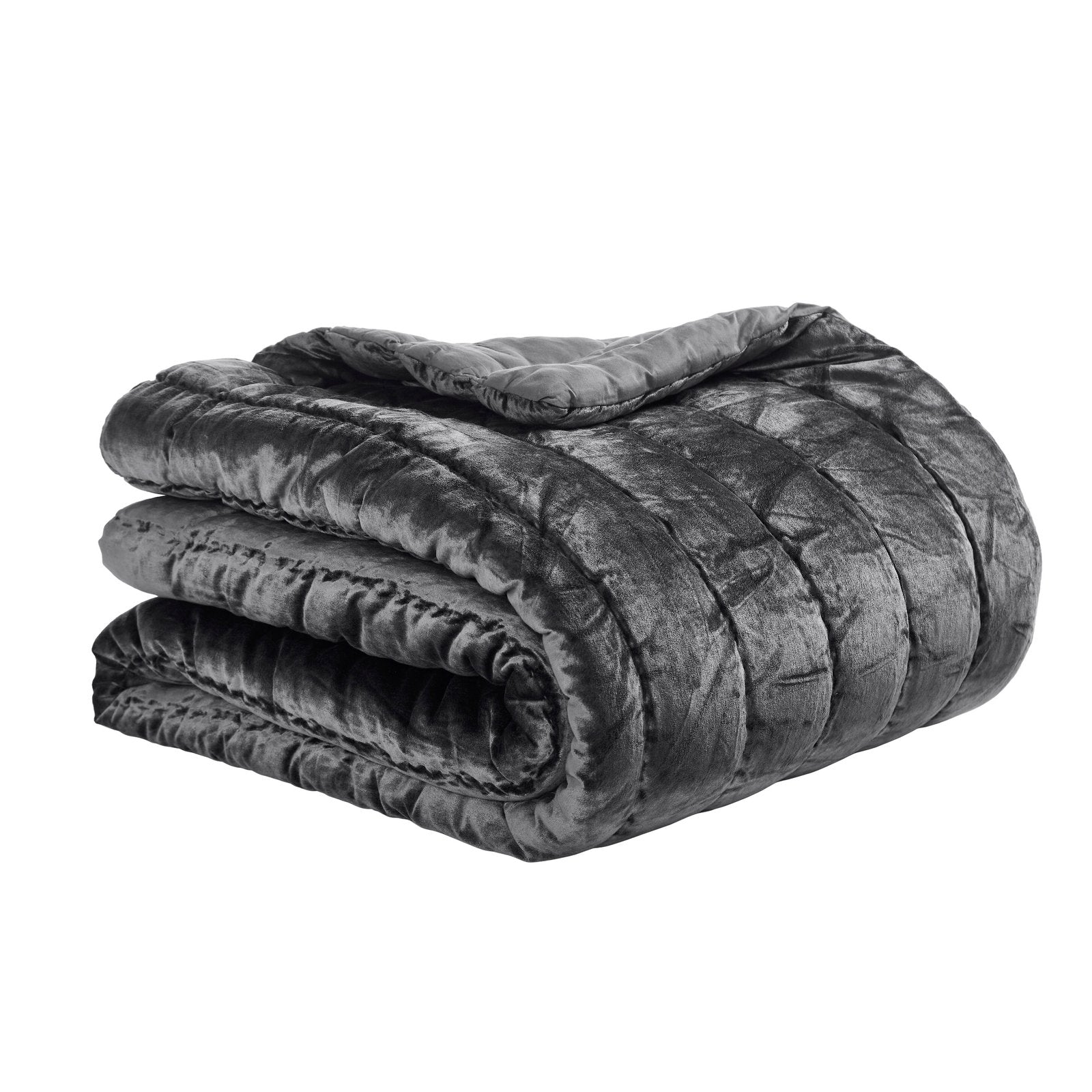 QT-338-9496_5|Plush dark grey velvet quilt, neatly folded, showcasing sophisticated horizontal channel stitching for modern bedroom comfort.