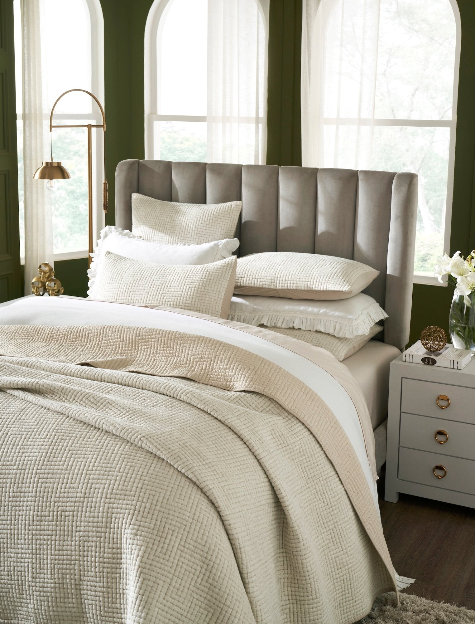 CL-259-11096_3|Beige textured geometric pattern coverlet draped on a modern bed with white bedding, soft, elegant bedroom decor.