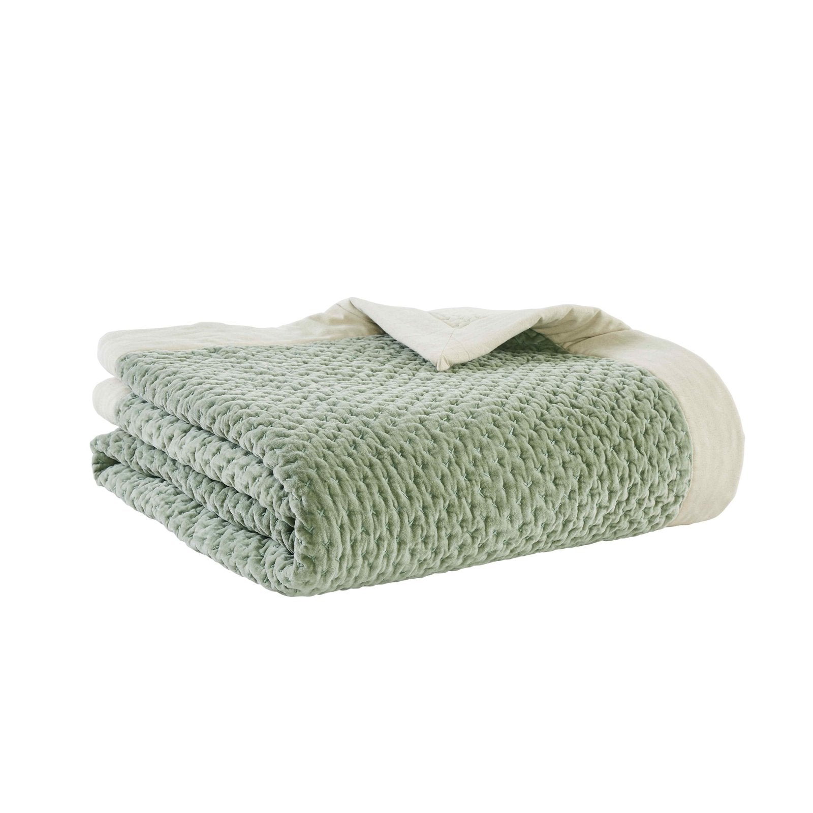 QT-328-11096_2|Lush green textured quilted coverlet, folded neatly, showcasing its soft hue and intricate pattern. Perfect for cozy bedding.