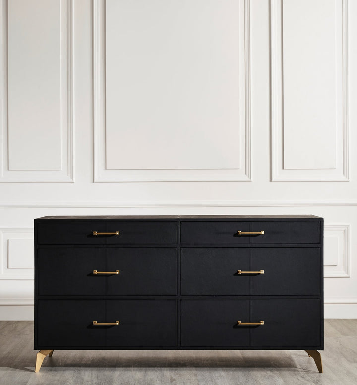 FN-5200-X-2_1|Elegant black six-drawer dresser with sleek gold handles and legs, offering modern storage in a contemporary bedroom.